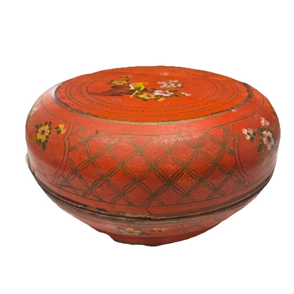 Antique‎ Chinese Red Lacquer Round Wedding Box Floral Bird 13” Diameter